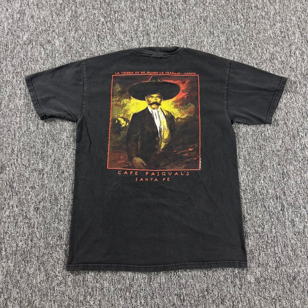 Cafe Pasqual's Santa Fe Zapata Vintage 1992 Hanes Beefy T-Shirt Black Medium